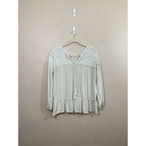 Womens Peasant Shirt L Ivory Boho Gauzy Flowy Tassels Coastal Hippie Festival